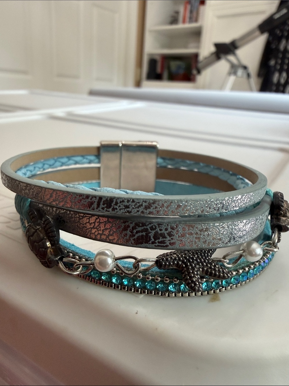 Blue nautical sea life stacked magnetic bracelet NWOT